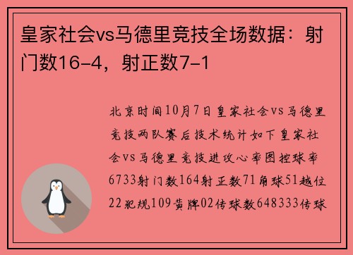 皇家社会vs马德里竞技全场数据：射门数16-4，射正数7-1